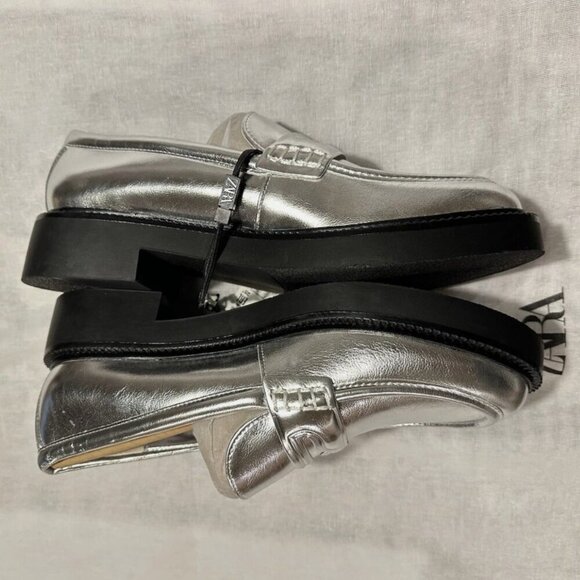 New Zara Metallic Silver Flat Round Toe Loafers Size USA9 26,0CM  2528/210/210 main image 7